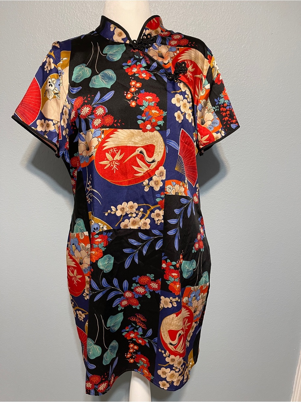 Zara Asian Print Mini Dress Floral Crane Satin Mandarin Collar Whimsigoth XXL